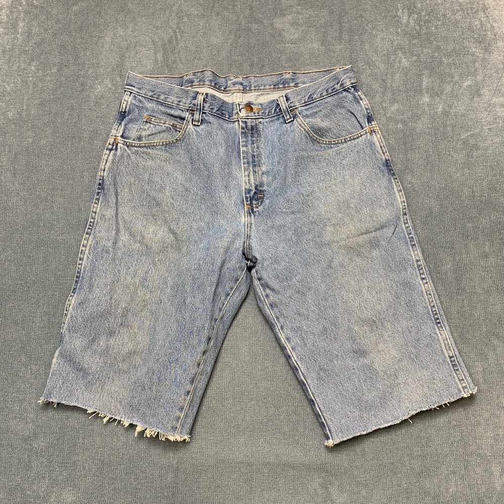 Rustler Bermuda Shorts Mens 34x34 Blue Denim Light Wash Frayed Hem 5 Pockets